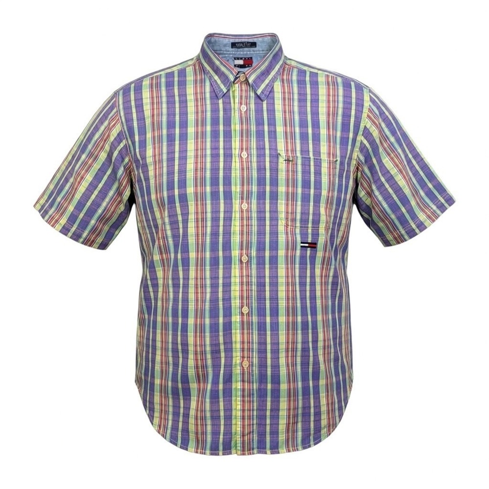 Tommy Jeans Vintage Y2K Plaid Button Up Shirt XL Purple Cotton Short Sleeve